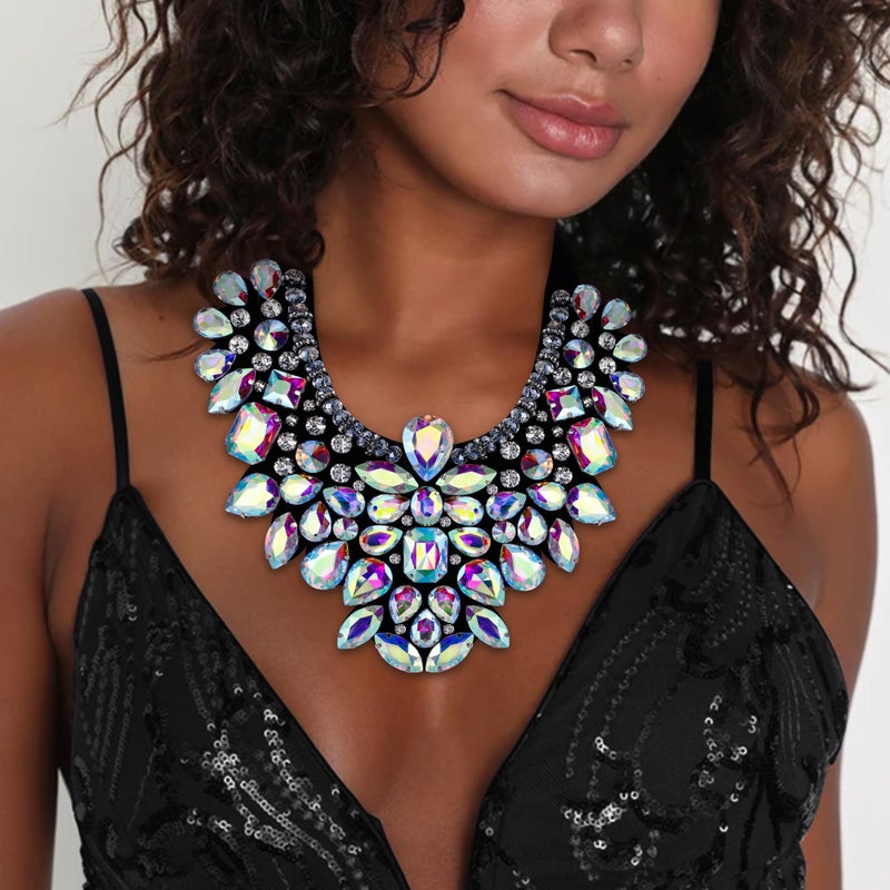 Flyonce Costume Jewelry for Women, Rhinestone Crystal Statement Necklace Earrings Set Iridescent Clear AB Silver-Tone - Image 3